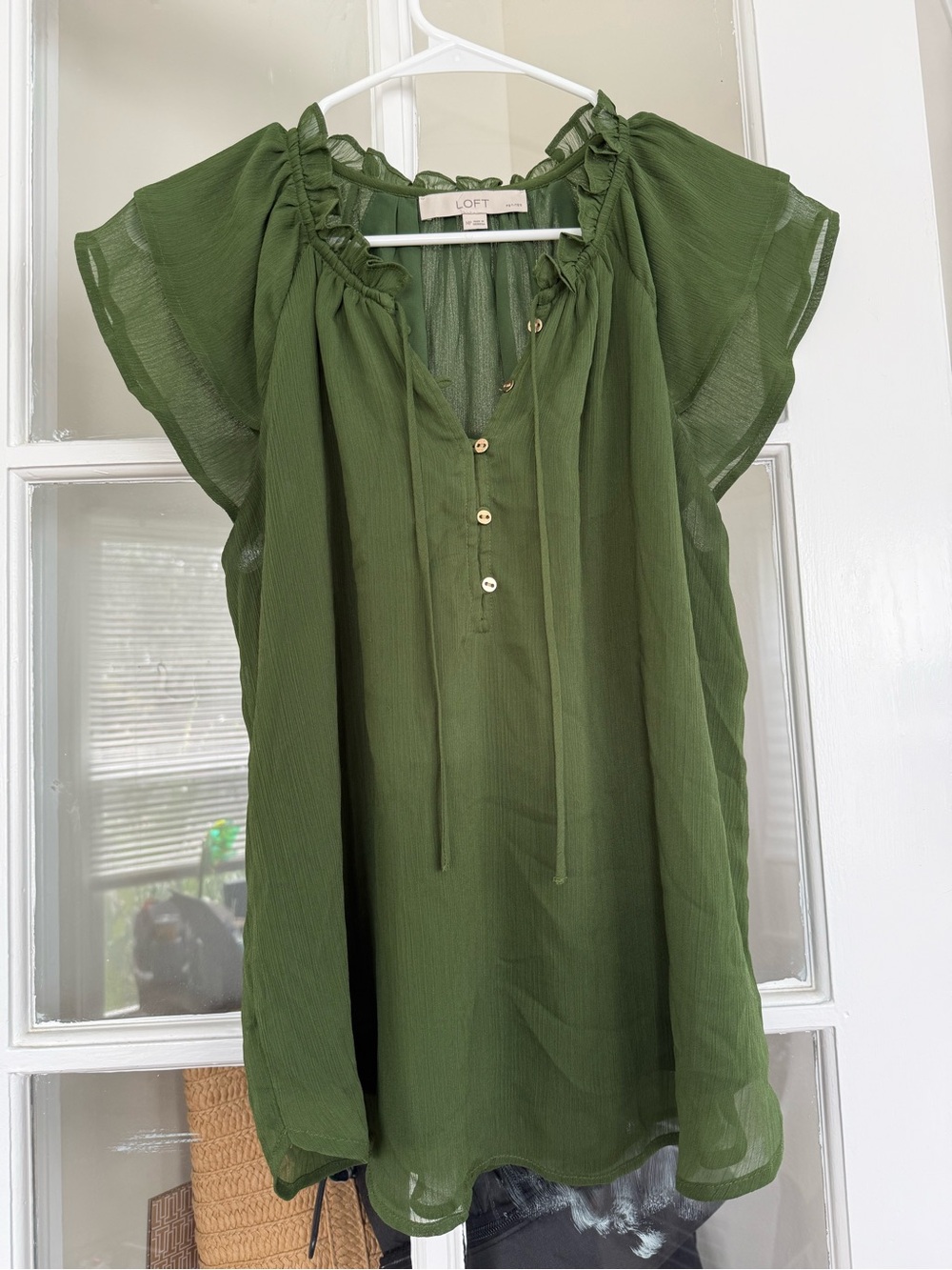 LOFT Olive Green Ruffled Flutter-Sleeve Peasant Blouse